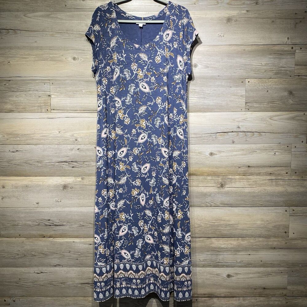 J Jill Mesa Slub Knit Maxi Dress Floral Blue Smoke Women’s Large Stretch Boho